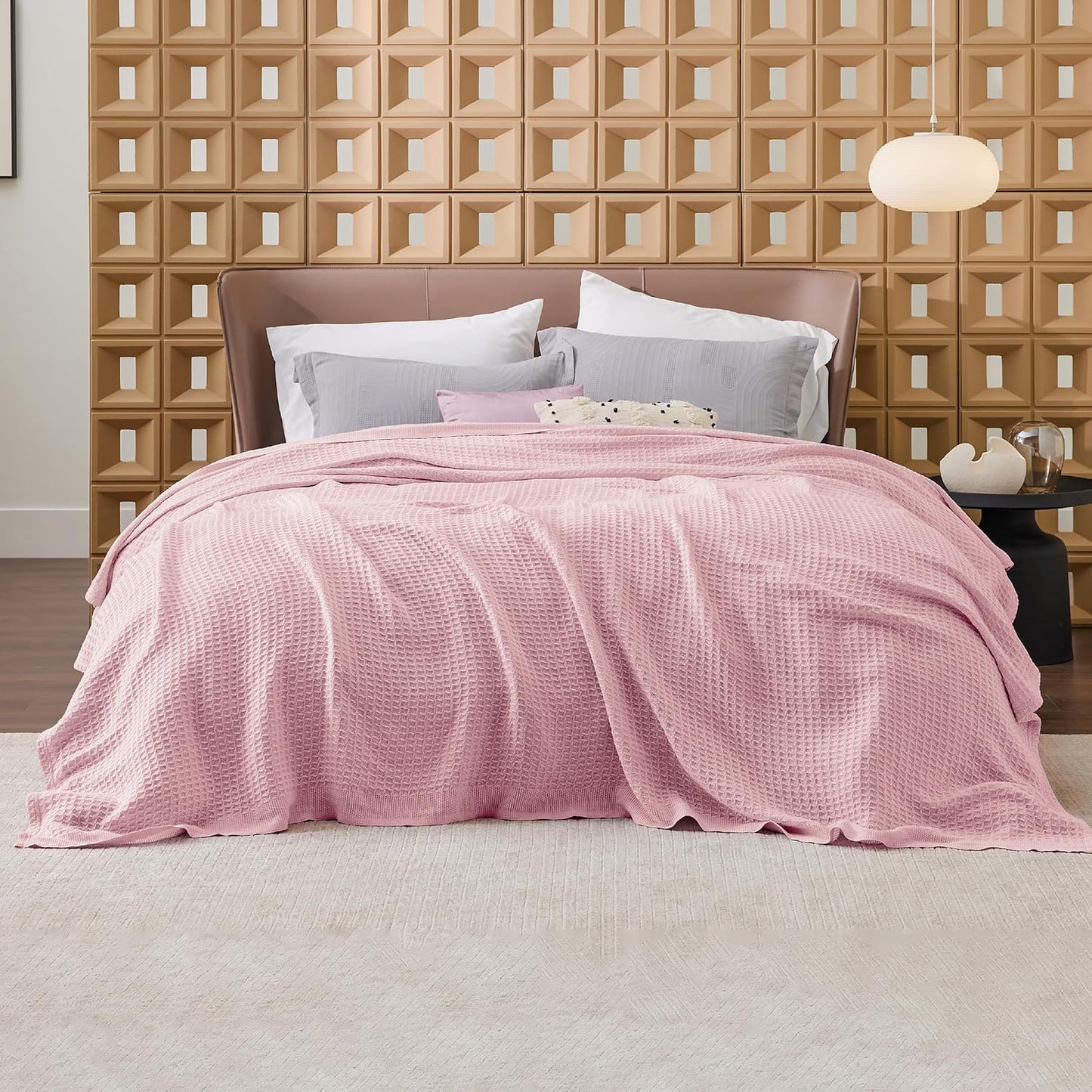 Bedsure Gentlesoft 100% Cotton Blanket Queen Size for Bed - Cooling Breathable and Soft for Summer, Thick Cozy Waffle Weave Blanket Gifts for Women, Light Pink, 90x90 Inches