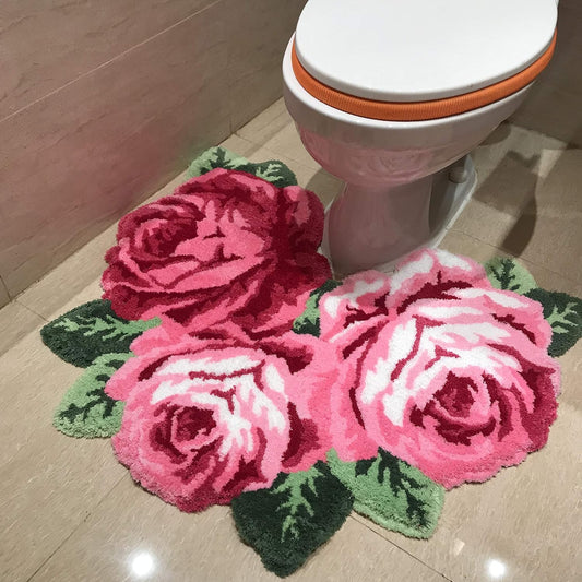 USTIDE Pink Rose Shaped Area Rug High Pile Non-Slip Thick U-Shape Toilet Mat Soft Floor Mat for Bathroom Sink Commode Contour, 31 x 24 Inches