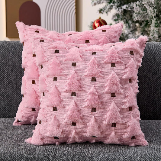Allorry Christmas Pillow Covers 18x18 inch Set of 2 Pink Christmas Decorations Soft Plush Faux Fur Wool Christmas Tree Throw Pillow Cases Winter Holiday Decor for Sofa Living Room PT002E18