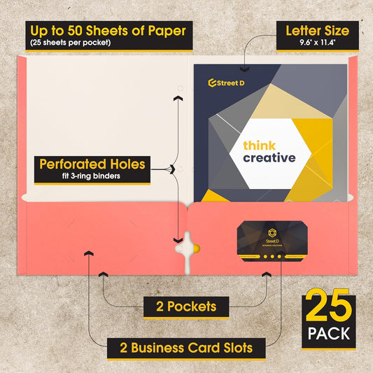 2 Pocket Portfolio Folders, 25 Pack, Trendy Cool Colors, Fits Letter Size Paper, for School, Office, Home, Matte Finish (Peachy Peach)