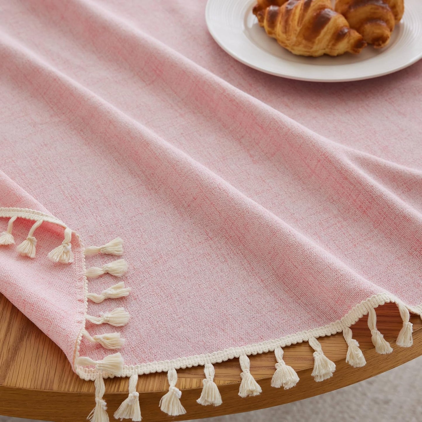Tassel Linen Round Table Cloth, Pink 60 Inch | Tassel Trimmed, Sleek Draping, Cotton Blend, Water Stain Resistant Dining Tablecloths, Washable Farmhouse Table Cover
