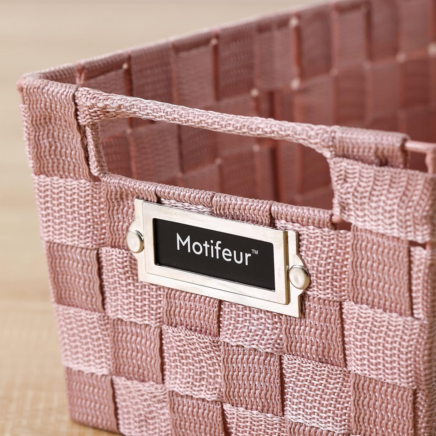 Decorative Woven Strap Set of 3 Nesting Baskets with Cutout Handles and Labels, Bathroom Countertop Storage Bins, Handmade Organization Containers for Home Shelves, Closets and Pantry (Pink)