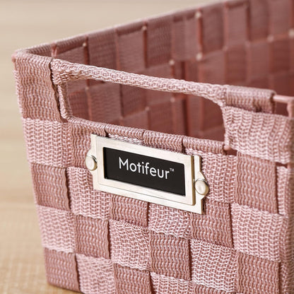 Decorative Woven Strap Set of 3 Nesting Baskets with Cutout Handles and Labels, Bathroom Countertop Storage Bins, Handmade Organization Containers for Home Shelves, Closets and Pantry (Pink)