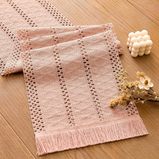 SITUMEIZI Pink Macrame Boho Table Runner with Tassels Woven Rustic Farmhouse Table Runner for Kitchen Dining 71 Inches