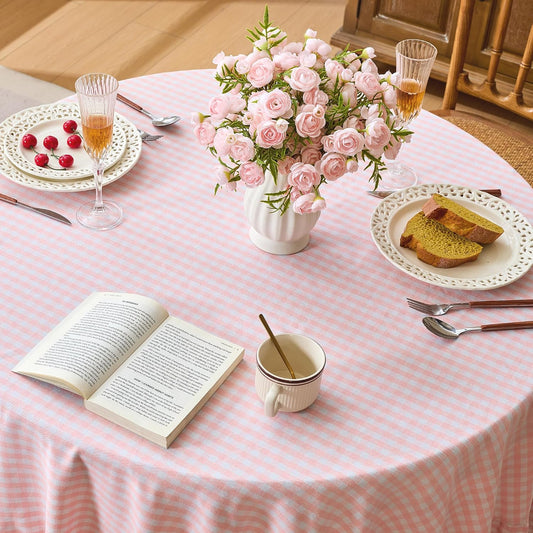 Gingham Ruffled 70" Round Tablecloth Cotton Linen Picnic Checkered Table Cloth Farmhouse Waterproof Wrinkle Free Buffalo Plaid Table Cover for Outdoor Birthday Party, Pink