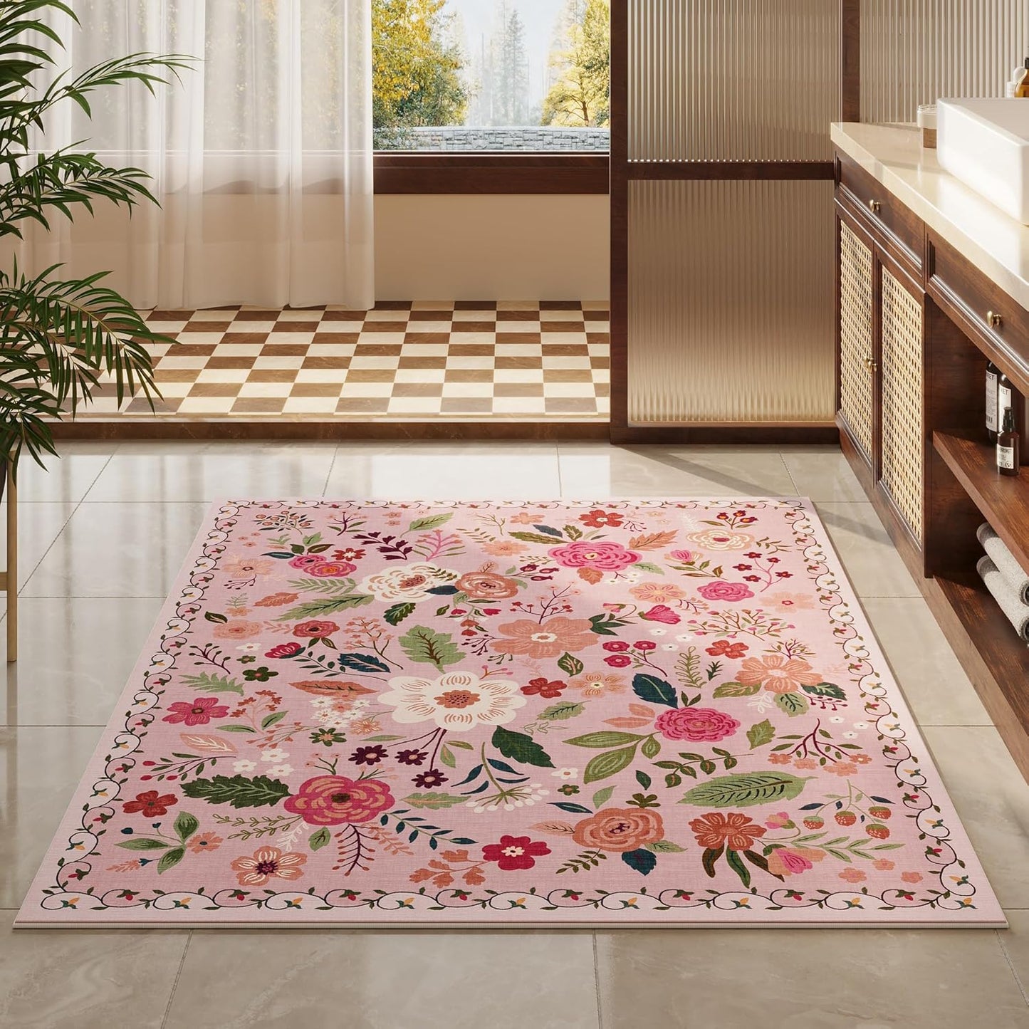 Rugcomf Bedroom Rug 3x5 Rug Washable Area Rug Non Slip Low Pile Boho Floral Small Carpet for Bedroom, Bedside, Kitchen, Entryway, Kids Room, Office, College Dorm Essentials for Girls(Pink)