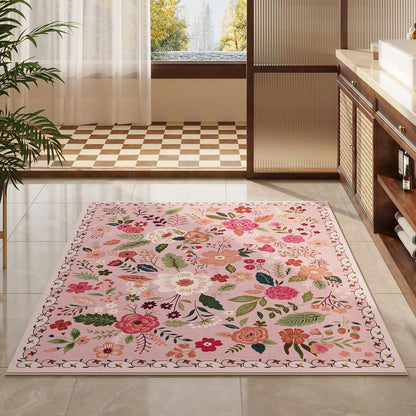 Rugcomf Bedroom Rug 3x5 Rug Washable Area Rug Non Slip Low Pile Boho Floral Small Carpet for Bedroom, Bedside, Kitchen, Entryway, Kids Room, Office, College Dorm Essentials for Girls(Pink)