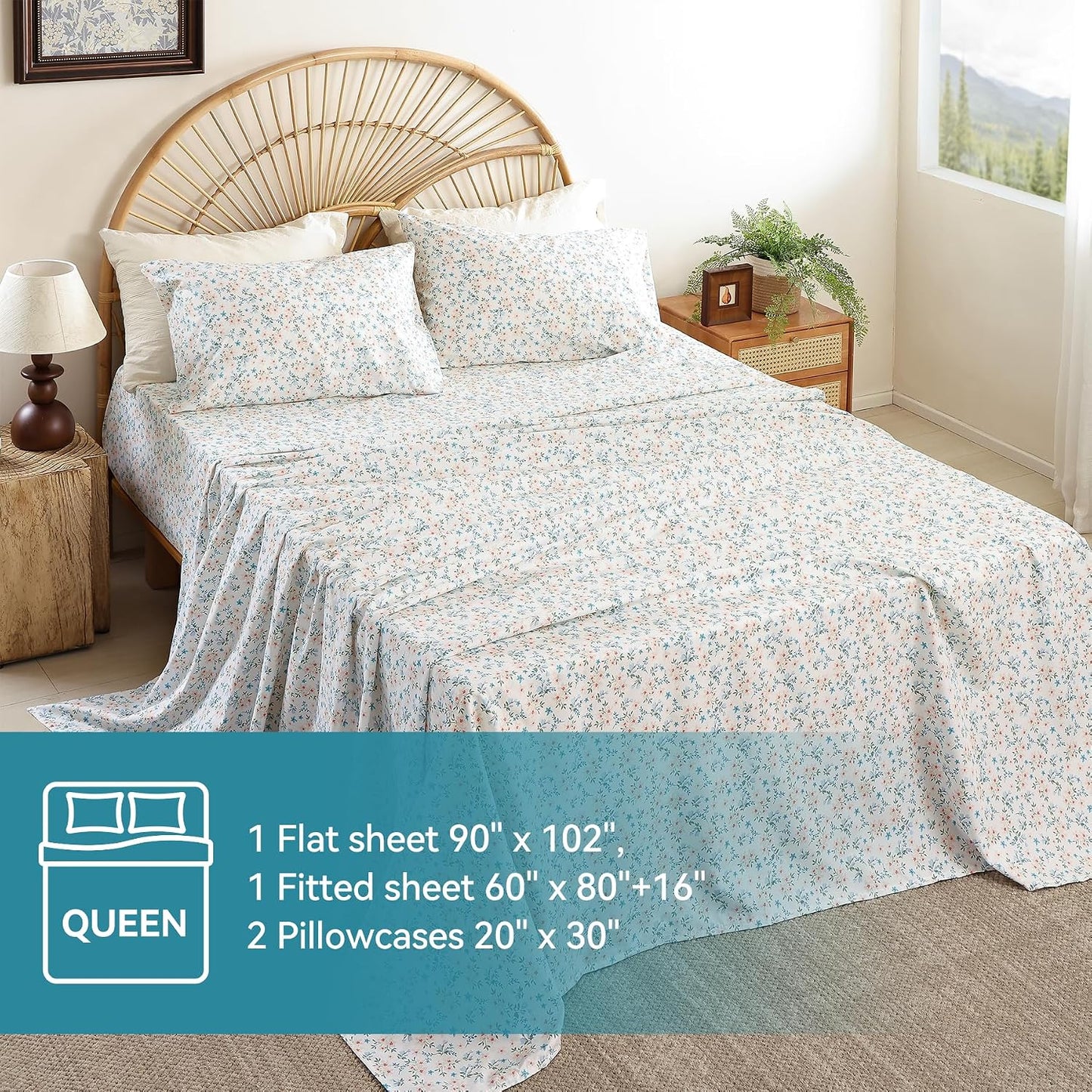 Whitney Home Textile Peach Floral Printed Queen Sheet Set - Soft Boho Botanical Rustic Pattern Bed Sheets, Microfiber Bedding & Pillowcases, Oeko-Tex, Wrinkle Free, 4 Piece (Queen Size)