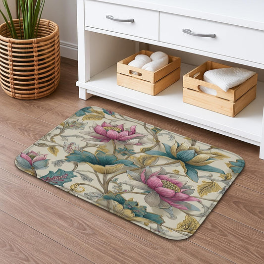 Floral Quick Dry Bath Mat, Vintage Peach and Blue Water Lily Pattern Absorbent Non Slip Shower Mat, Spring Memory Foam Washable Bath Rugs for Bathroom Toilet Decorative 16x24 Inch