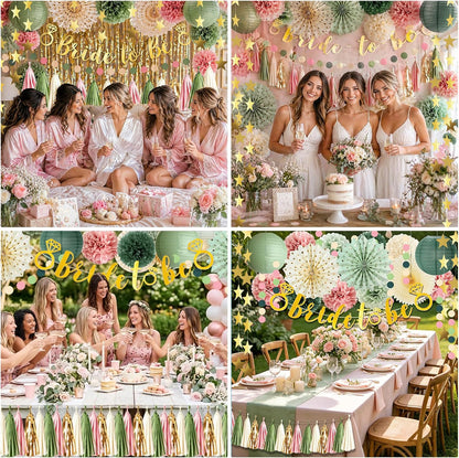 Bridal Shower Decorations, Dusty Pink and Sage Green Bridal Shower Decorations, Boho Bride to Be Wedding Shower Decoration, Bachelorette Party Decoration with paper pompoms, Fans, Tissue Garland