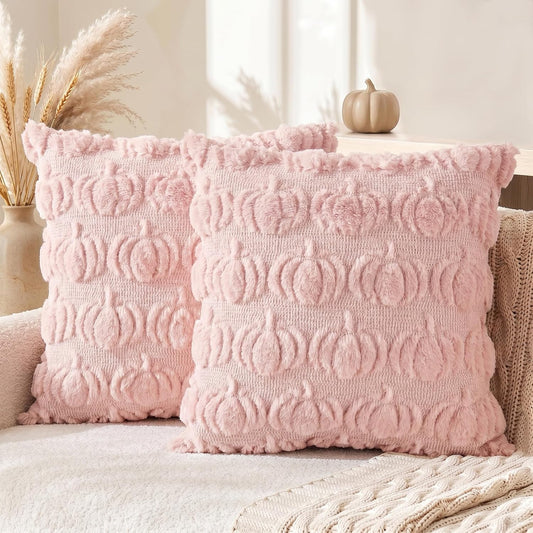 AVOIN colorlife Fall Pumpkin Pink Throw Pillow Covers, 18 x 18 Inch Autumn Thanksgiving Harvest Soft Plush Faux Fur Jacquard Cushion Case Decoration for Sofa Couch Set of 2