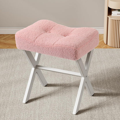 Memobarco 18-Inch Vanity Stool Chair, Vanity Bench with Metal X-Legs, Ottoman Accent Stool with Breathable and Soft Boucle Fabric Saddle Seat, Pink