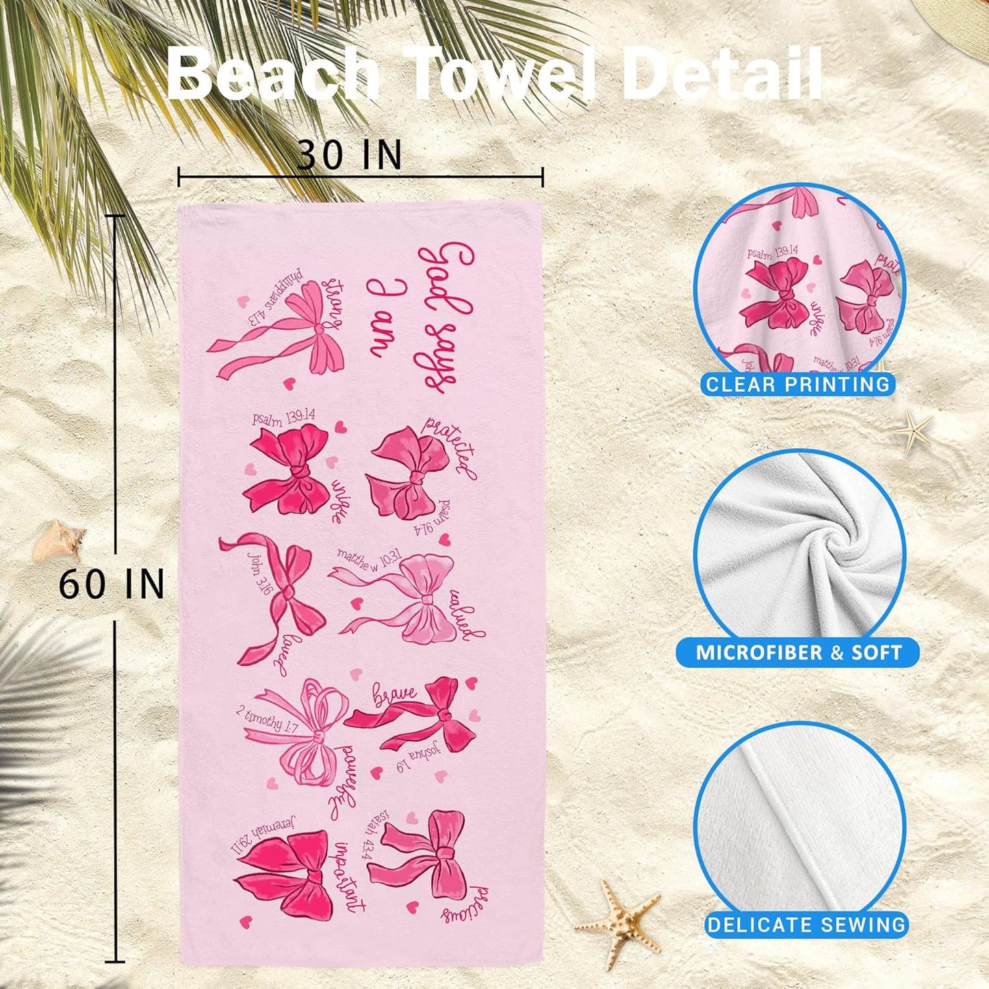 Christian Preppy Beach Towel, Coquette Pink Bow Beach Towels Oversized Gifts for Women Girls, God Say I Am Bible Verse Quick Dry Travel Sand Free Towel Decor for Bathroom Swimming Pool 30x60in
