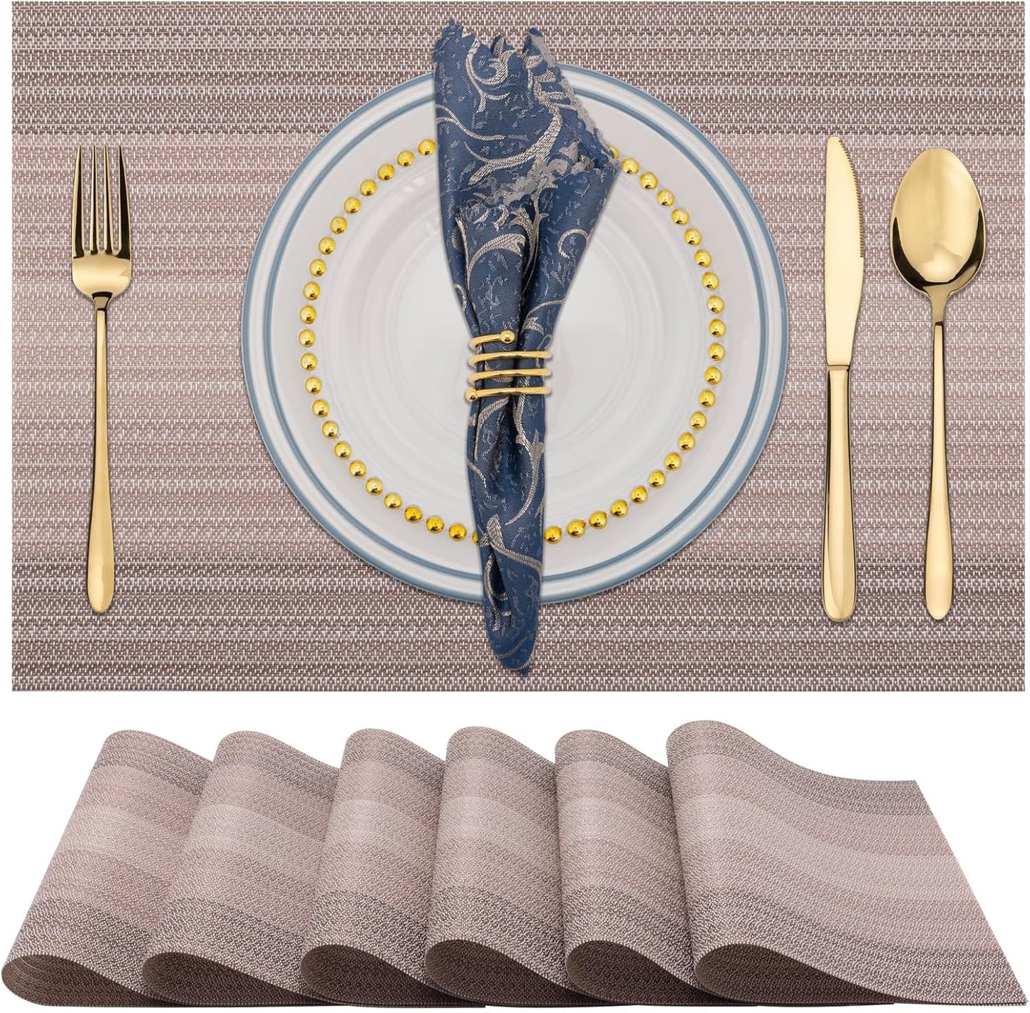 Winknowl Placemats Set of 6, Washable Vinyl Woven Placemats, Heat Resistant & Wipeable Table Mats for Kitchen Dining Table (Pink Gold)