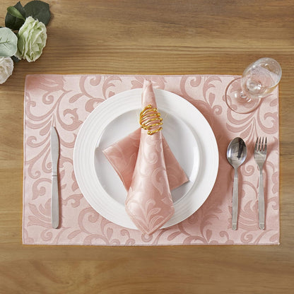 4 Pieces Scroll Damask Jacquard Coral Gold Placemats,13 x 19 inch Protect Surface Heat and Stain Resistant Dinner Mats