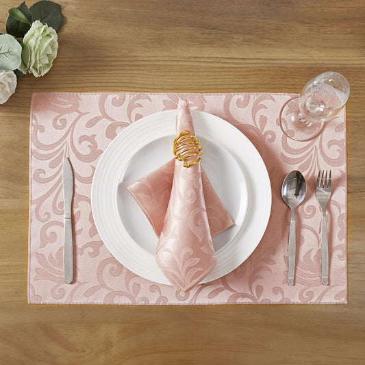 4 Pieces Scroll Damask Jacquard Coral Gold Placemats,13 x 19 inch Protect Surface Heat and Stain Resistant Dinner Mats