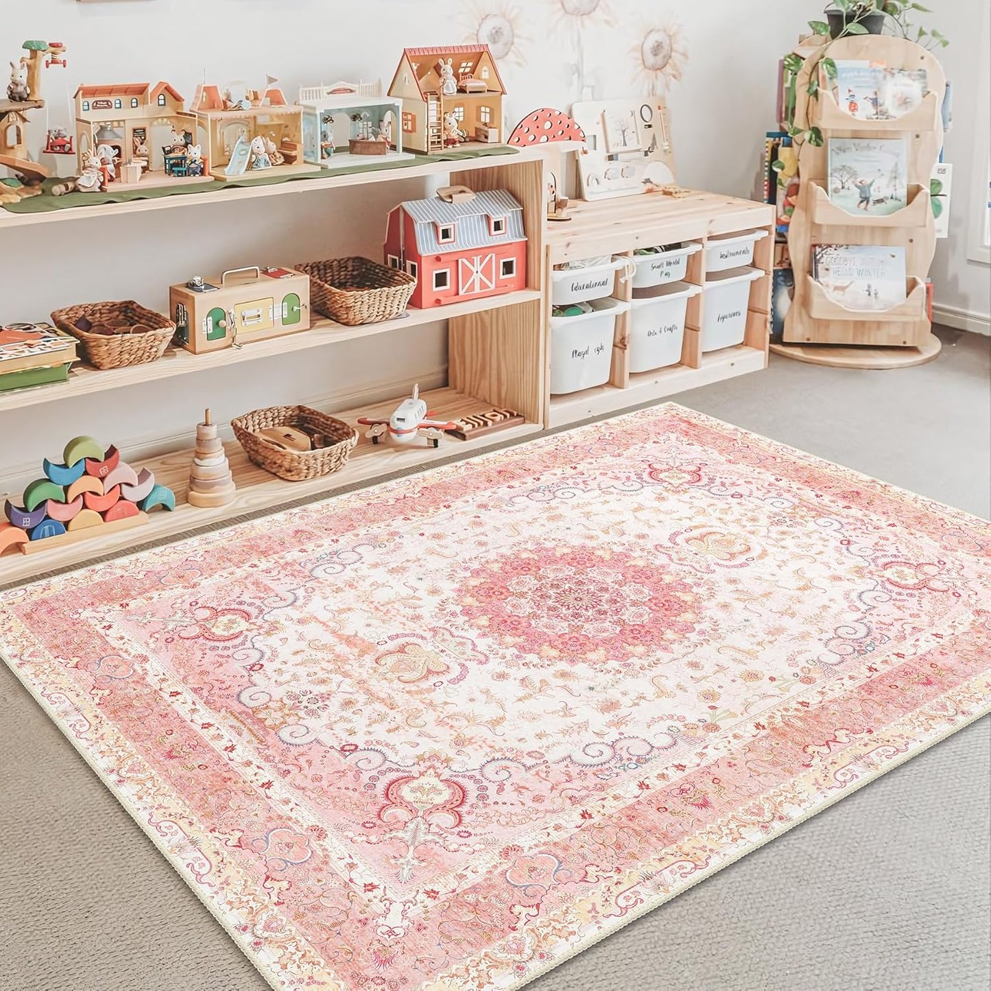 Pink Rug 3x5, Boho Washable Area Rug for Bedroom Living Room Office Kitchen, Distressed Vintage Small Rug Retro Non Slip Carpet