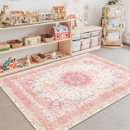 Pink Rug 3x5, Boho Washable Area Rug for Bedroom Living Room Office Kitchen, Distressed Vintage Small Rug Retro Non Slip Carpet