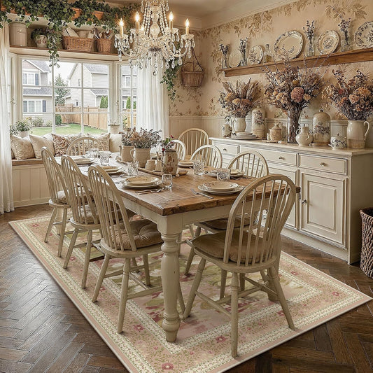 PureCozy Washable 5x7 Area Rug for Living Room Pink Floral Indoor Large Carpet Non Slip Low Pile Vintage Impressionist Rugs for Bedroom Dining Room Nursery Playroom Farmhouse Decor