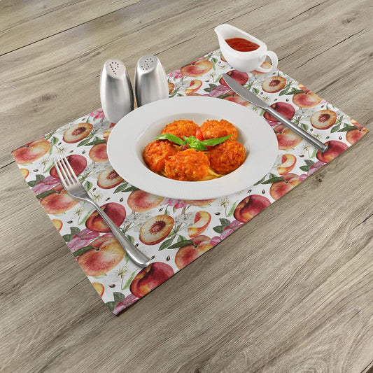 Ambesonne Peach Place Mats Set of 4, Exotic Lively Summer Yard Theme with Ripe Juicy Fruits Flowers Botany and Gardening, Washable Fabric Placemats for Dining Room Kitchen Table Decor, Pink Orange