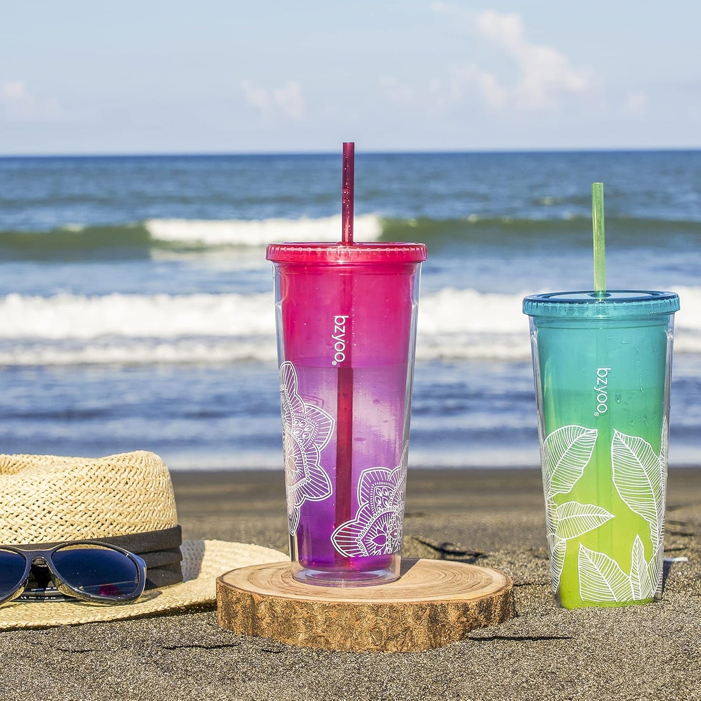 bzyoo SIP 24oz (710ml) Double Wall Plastic Tumbler with Lid and Straw Cold Drink Travel Mug Reusable Party Cup Perfect for Office Ice Coffee or Tea and Gift Color: Pink & Purple