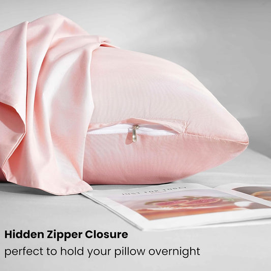 Mohap Zipper Pillowcase 2 Pieces Brushed Microfiber 1800 Hotel Quality Super Soft Pillow Cover No Shrinkage No Fade Pillow Protectors - Pink, Queen