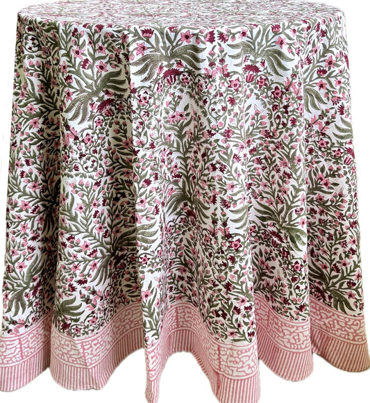 ATOSII Nargis Pink 100% Cotton Round Block Print Summer Tablecloth, Floral Table Cloth Linen for Dining Parties Weddings Outdoors Holidays I 60" Inches Round, 4 Seater I Grandmillennial Farmhouse Boho