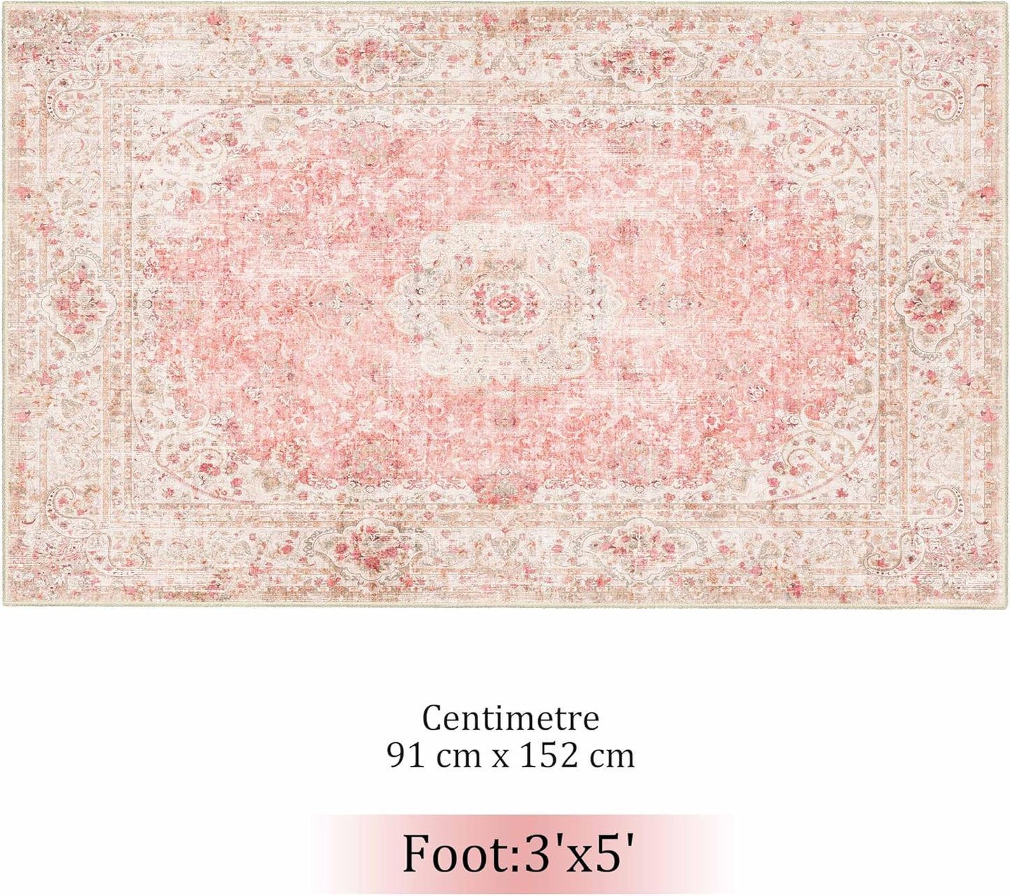 Pink Rug 3x5,Washable Area Rugs for Bedroom Living Room Kitchen Entryway,Small Boho Vintage Bohemian Distressed Non Slip Carpet,Blush