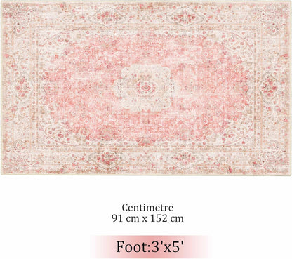 Pink Rug 3x5,Washable Area Rugs for Bedroom Living Room Kitchen Entryway,Small Boho Vintage Bohemian Distressed Non Slip Carpet,Blush