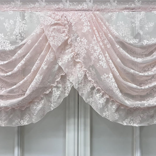Gxi Pink Floral Lace Curtain Valance for Kitchen Pink Vine Ruffle Sheer Curtain Waterfall Valance for Living Room Rod Pocket Voile Curtain Window Treatment Swags 1 Panel Width 39 Inch
