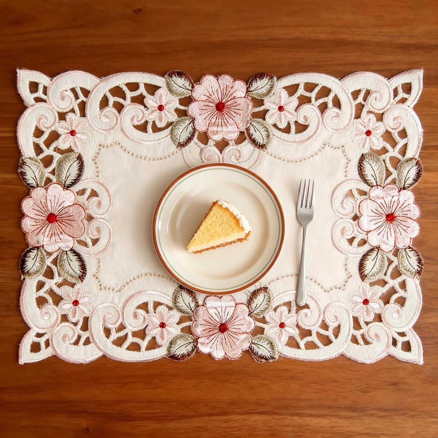 Embroidery Pink Flower Placemats Set of 4, 17" X 11" Rectangular Classic Lace Beige Lunchmat Place Mats Home Decoration Party Kitchen Dining Restaurant Table Mats