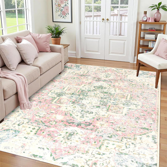 5x7 Washable Area Rugs Green and Pink Rug for Bedroom Girls Soft Boho Vintage Floor Carpet Non-Slip Oriental Rug for Bedside Nursery Living Room Dinning Room
