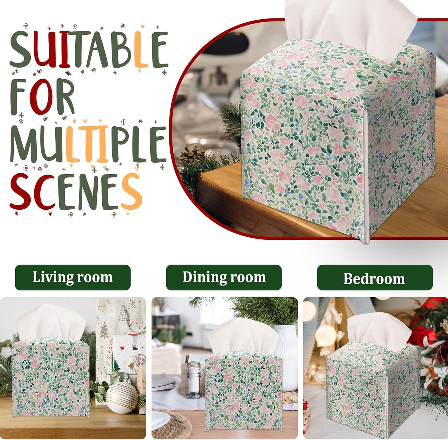 Modern Square Leather Tissue Box Cover/Case Holder Gifts for Women Family and Friends, Decorative Holder/Organizer for Bathroom Kitchen Nightstand Office Home (Pink Pastel Floral)