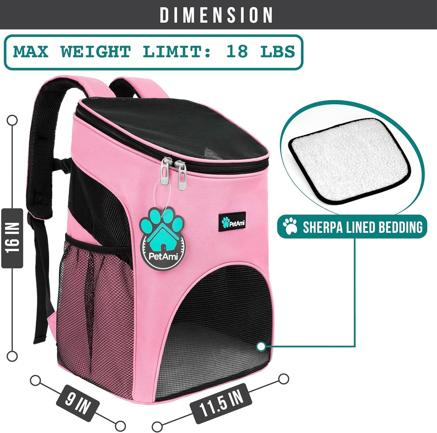 PetAmi Cat Backpack Carrier, Airline Approved Pet Carrier Backpack for Small Dogs and Large Cats, Soft Sided Collapsible Ventilated with Sherpa Bed for Hiking Travel, Max 18 lbs, Pink