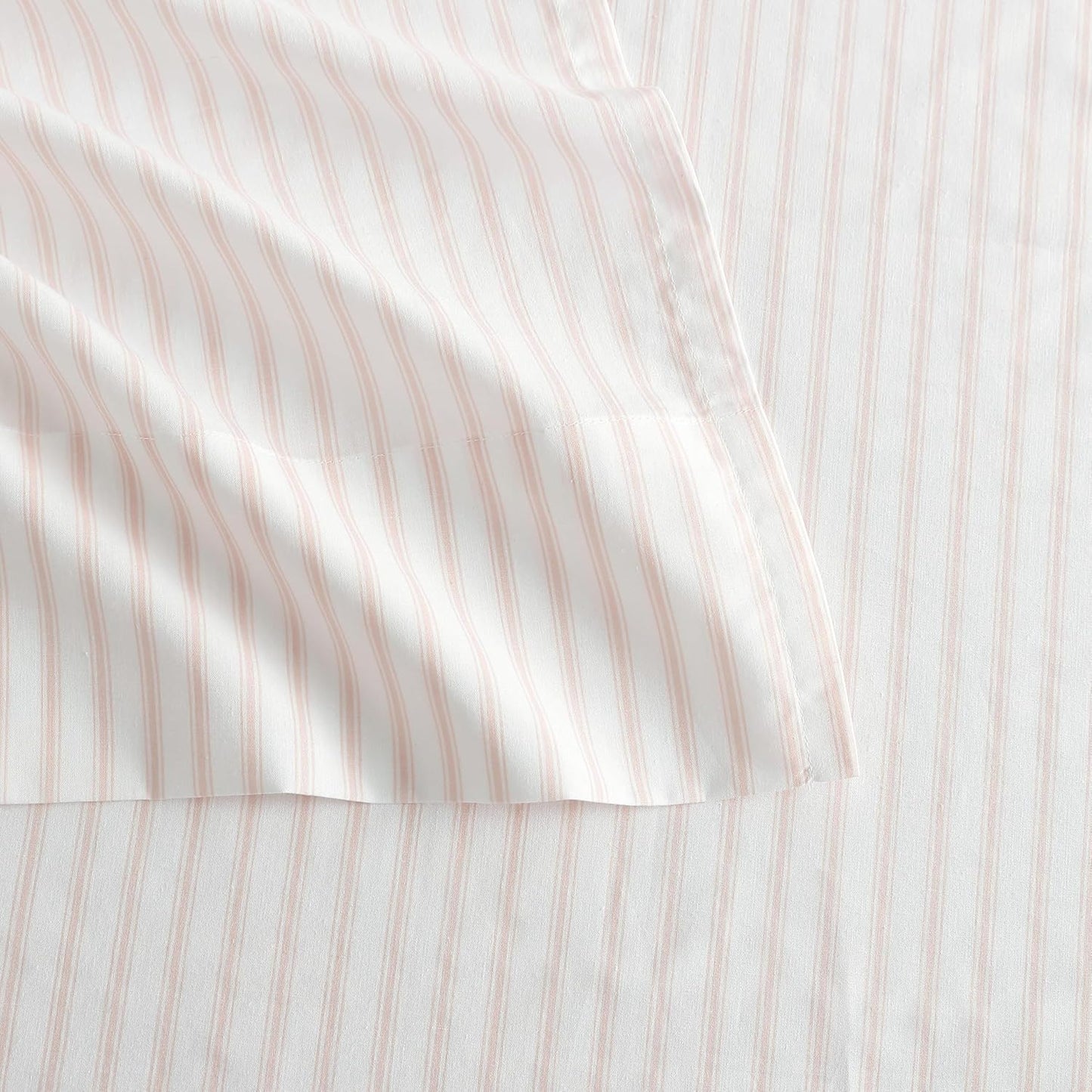 Martha Stewart - Twin XL Size Sheet Set, Breathable Cotton Percale Bedding with Matching Pillowcase, Fully Elastic Fitted Sheet, Deep Pocket, Crisp & Cooling All-Season Comfort (Ticking Stripe Pink)