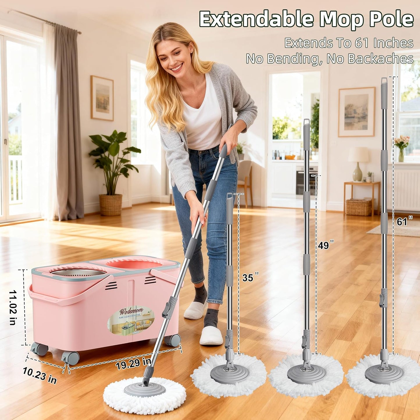 2026 Upgraded Gen 2 Spin Mop and Bucket Set with 4 Swivel Wheels for Easy Rolling, Separates Clean & Dirty Water, Floor Mop with 6 Washable Mop Heads for Wood, Tile, Vinyl, Baseboards - Pink