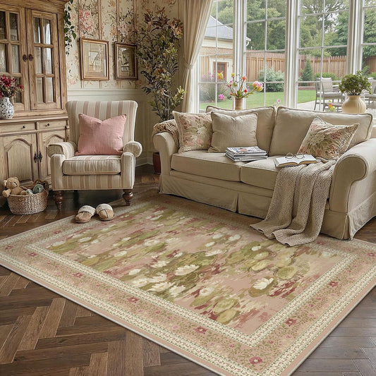 PureCozy Washable 5x7 Area Rug for Living Room Pink Floral Indoor Large Carpet Non Slip Low Pile Vintage Impressionist Rugs for Bedroom Dining Room Nursery Playroom Farmhouse Decor