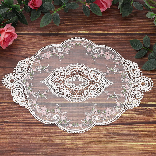 uxcell 3 Pcs Lace Placemats, 12x17-in Vintage Table Doilies Oval Embroidered Crochet Lace Dolly Cup Mat for Table Vase Home Decor, White + Pink