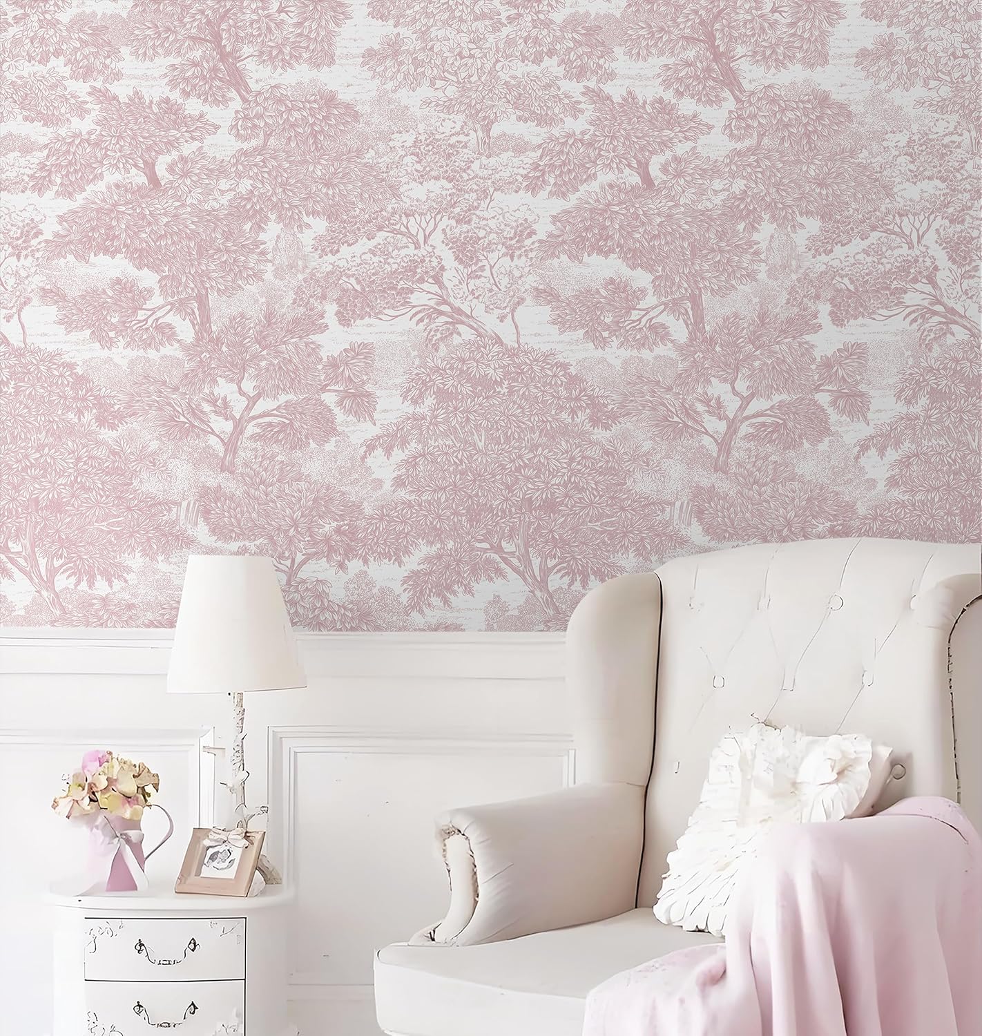 Safiyya Peel and Stick Wallpaper Pink Tree Contact Paper 78.7" x 17.3" Wall Paper Modern Forest Self Adhesive Removable Girls Nursery Wallpaper for Bedroom Bathroom Vinyl Rolls