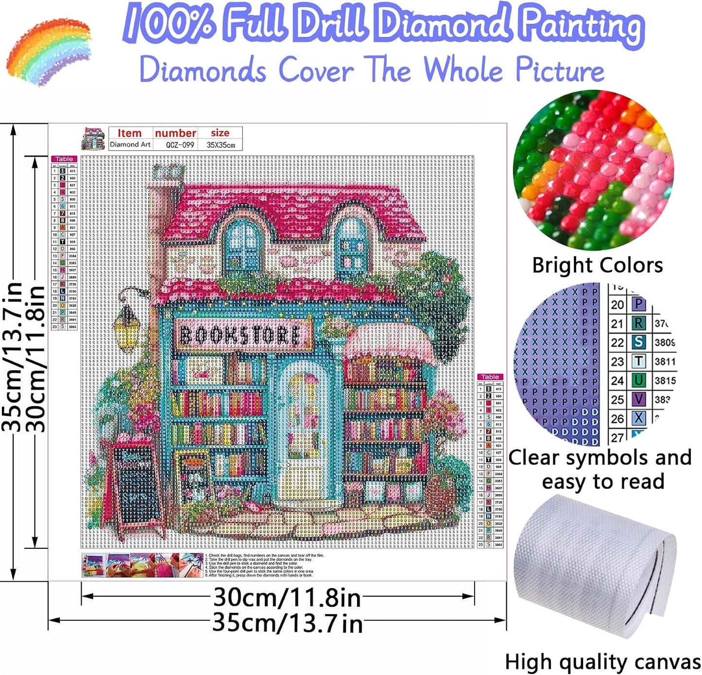 Pink Bookstore Diamond Painting Kits for Adults, 5D Diamond Art Painting by Numbers Kits, DIY Diamond Dots Art Kits, Full Round Drill Diamond Paintings for Adults for Home Wall Decor, 13.8x13.8 in