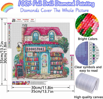 Pink Bookstore Diamond Painting Kits for Adults, 5D Diamond Art Painting by Numbers Kits, DIY Diamond Dots Art Kits, Full Round Drill Diamond Paintings for Adults for Home Wall Decor, 13.8x13.8 in