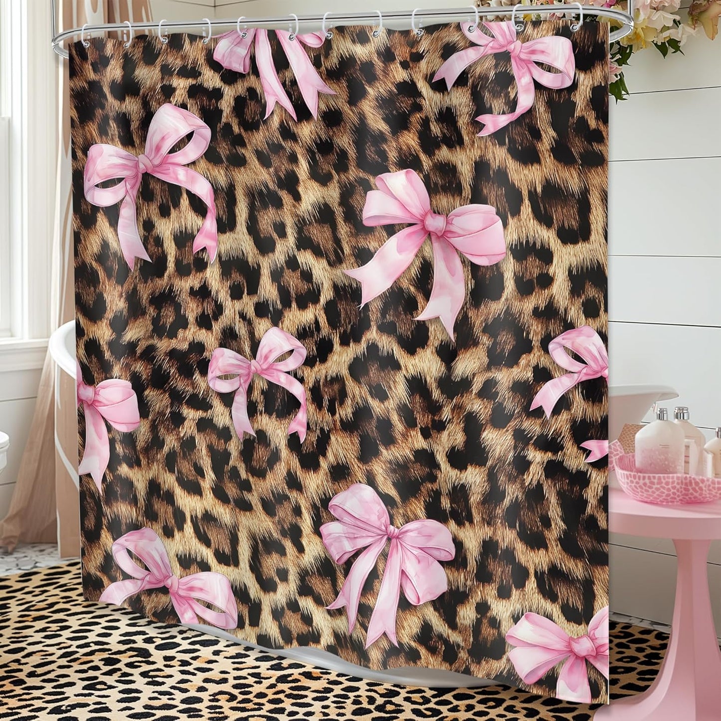 Pink Bow Leopard Print Shower Curtain 60Wx72H Inches Girly Preppy Modern Fruit Fashion Pretty Sweet for Girls Cloth Fabric Waterproof Polyester Bathroom Home Decor Set with Hooks