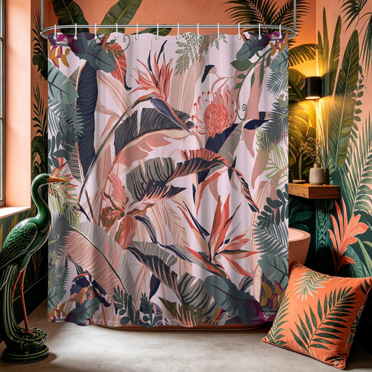 Tropical Shower Curtain Coral Palm Leaf Shower Curtains for Bathroom Decor Peach Color Tropical Palm Leaves Bath Curtain Set, Waterproof Fabric with Hooks 70 x 72 Inch