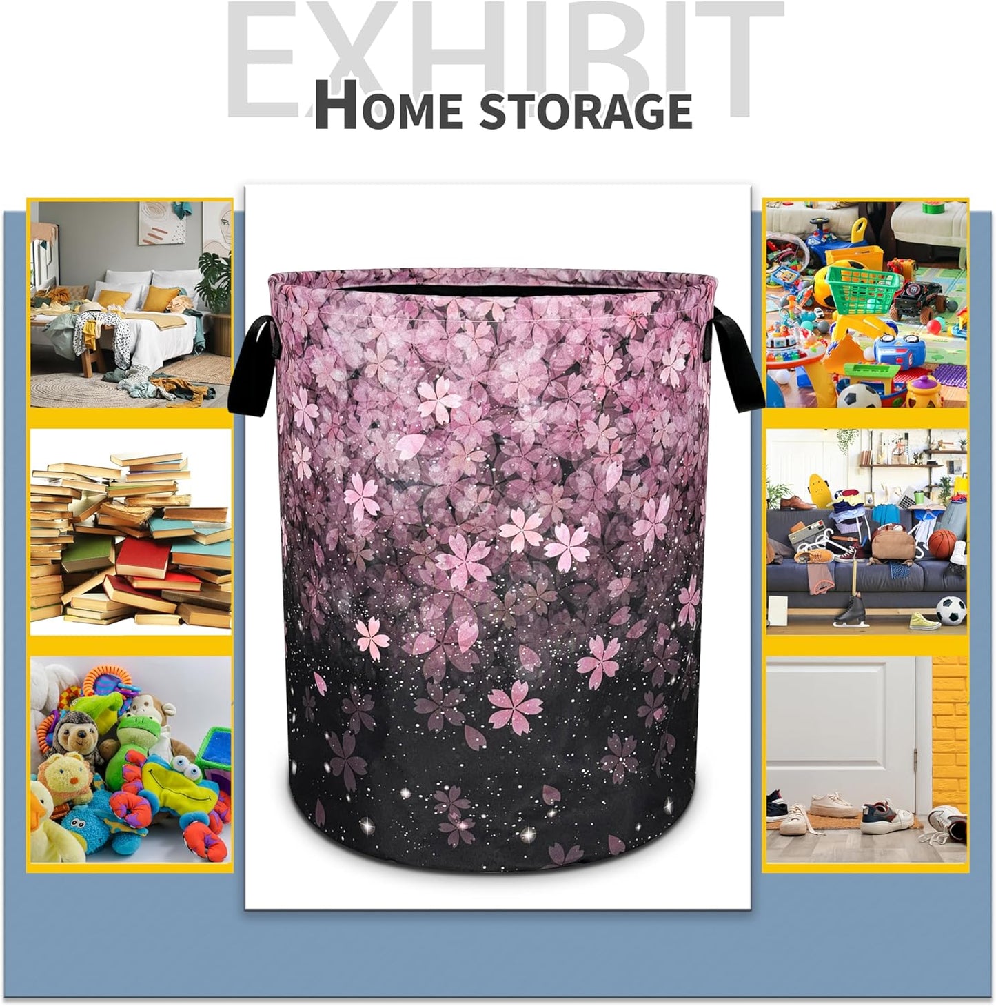 Cherry Blossoms Laundry Basket Pink Flowers Foldable Oxford Cloth Funny Tote Bag Laundry Hamper Clothes Storage Bucket Organizer For Bathroom/Laundry Storage/Bedroom 18.9x16.5 Inch