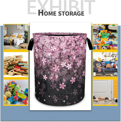 Cherry Blossoms Laundry Basket Pink Flowers Foldable Oxford Cloth Funny Tote Bag Laundry Hamper Clothes Storage Bucket Organizer For Bathroom/Laundry Storage/Bedroom 18.9x16.5 Inch