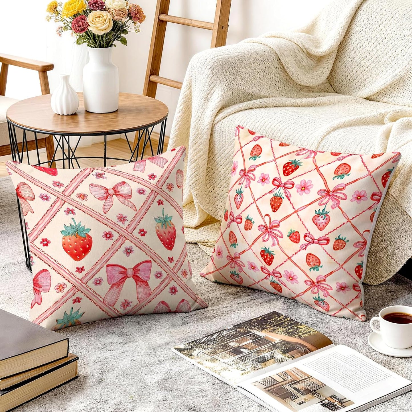 OBSEDE Pink Bow Strawberry Throw Pillow Covers 18 × 18 in, Set of 4, Couch Cushion Cases Inserts for Sofa Bed Living Room Home Decor, Single Side Print