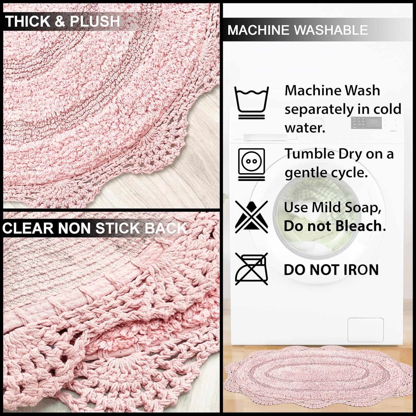 Chardin home Pink Crochet Bathrug, 100% Cotton Oval bathmat with artisanally Handcrafted Crochet Border, 21x34 Inch, Medium Rug, Perfect for Half Baths, Powder Rooms, bathrooms