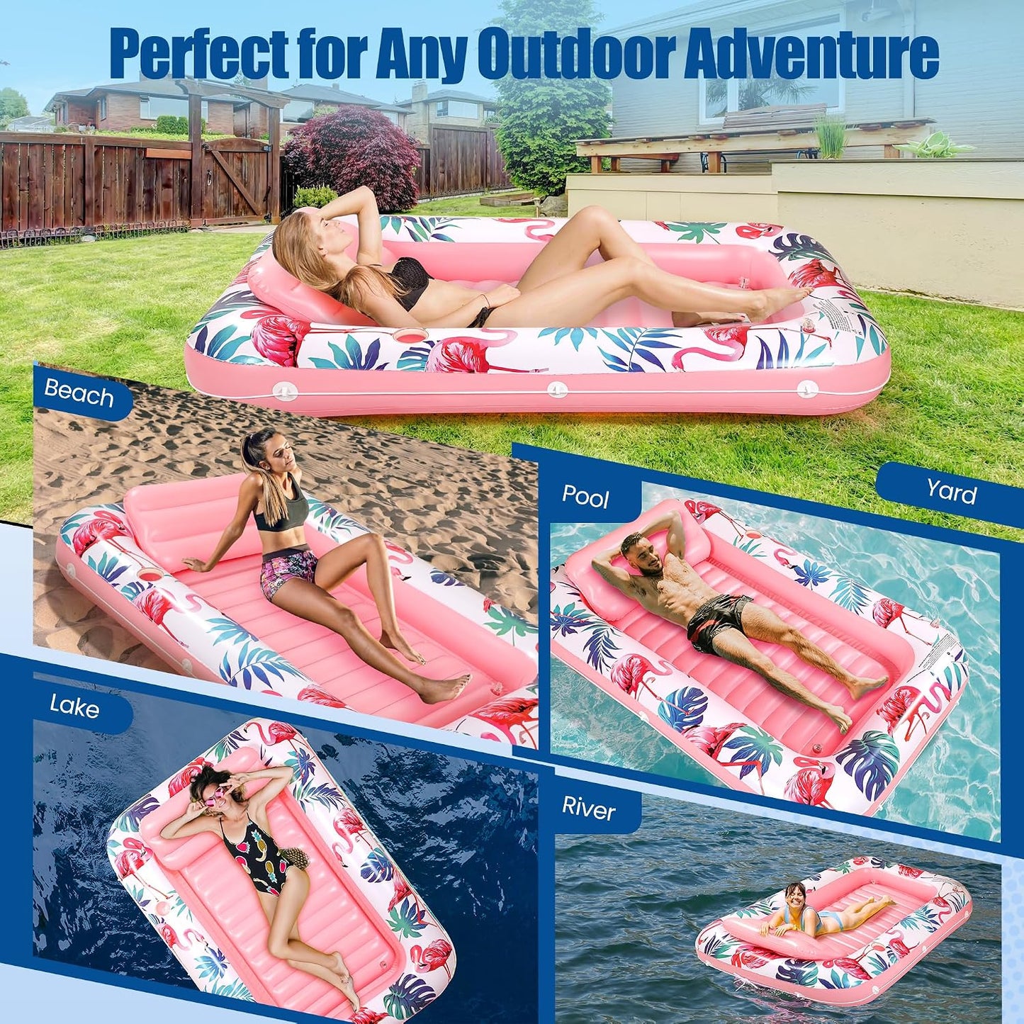 Tanning Pool Floats for Adults with Cup Holder & Pillow, Thick UV-Resistant PVC Portable Float for Backyard, Pool, Lake - Compact Design, Easy Inflation, Durable for Tanning & Relaxation