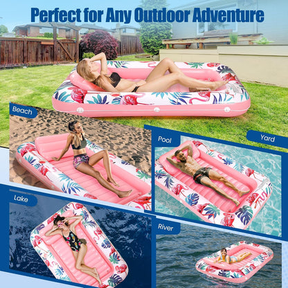Tanning Pool Floats for Adults with Cup Holder & Pillow, Thick UV-Resistant PVC Portable Float for Backyard, Pool, Lake - Compact Design, Easy Inflation, Durable for Tanning & Relaxation