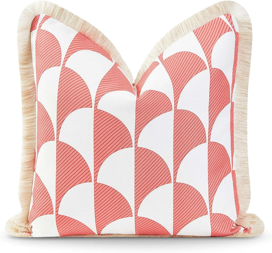 Hofdeco Premium Coastal Patio Indoor Outdoor Pillow Cover Only, 20"x20" Water Resistant for Backyard, Couch, Coral Pink Scale Motif Fringe